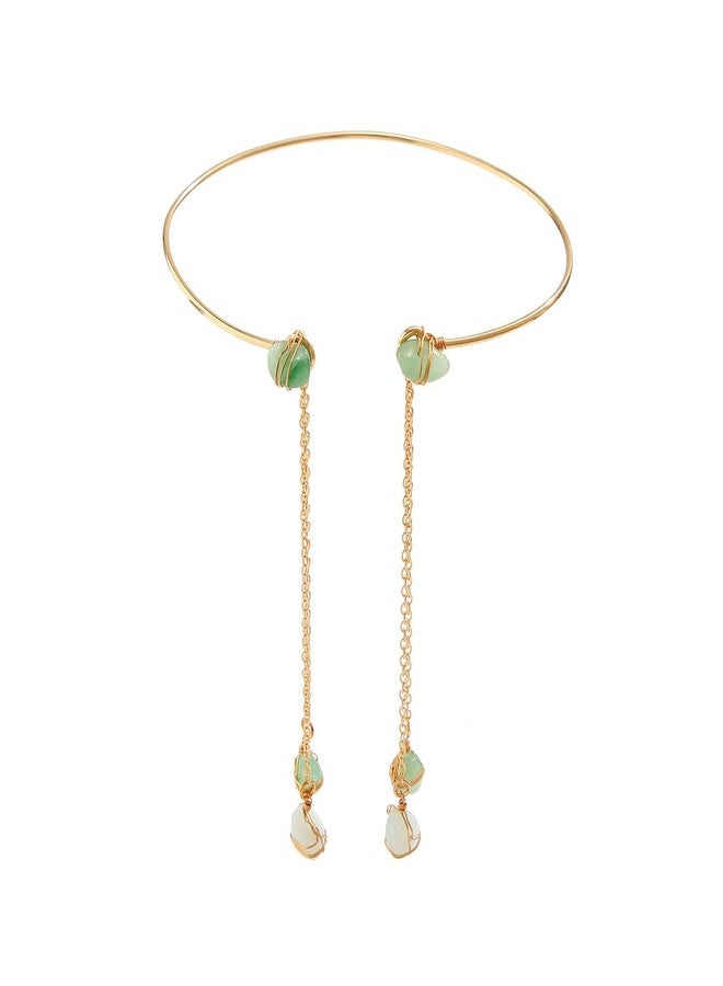 Rannyrena Vintage Natural Stone Upper Arm Cuff Colorful Gravel Pendant Armlet Bangle Long Tassel Simulated Jade Amber Amethyst Opal Bracelet Wedding Jewelry for Women (Green) - Image 1